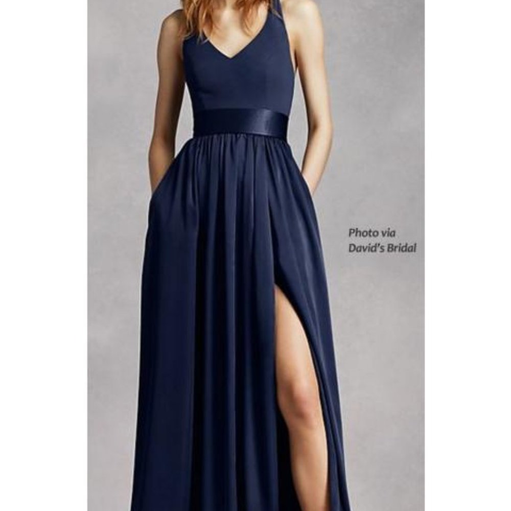 Vera Wang V Neck Halter Gown with Sash Midnight